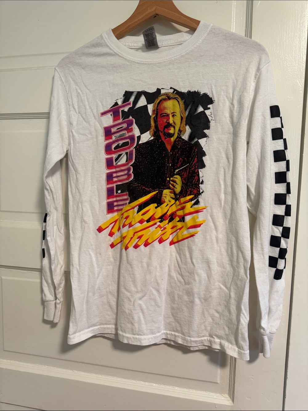 White Long Sleeve Graphic Tee with 'Trouble' Print - Travis Tritt